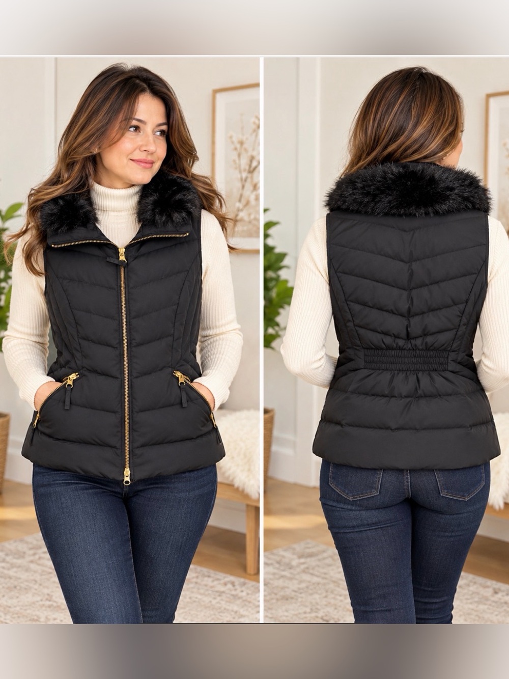 Talbots Petites Black Puffer Vest SP Faux Fur Collar Gold Zip